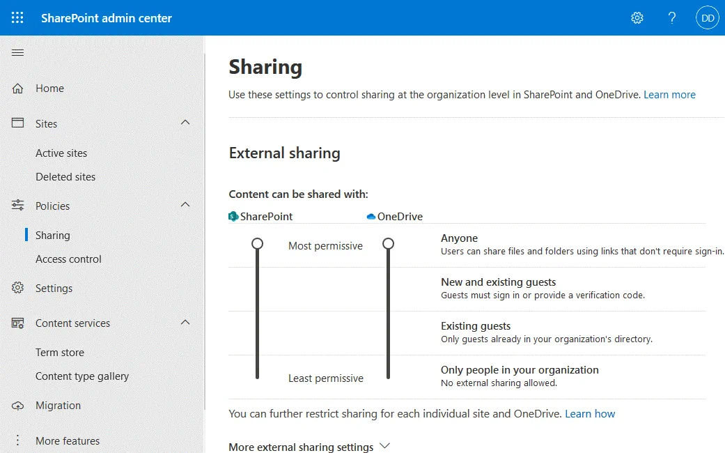SharePoint central administration – configuring sharing settings at the organization level