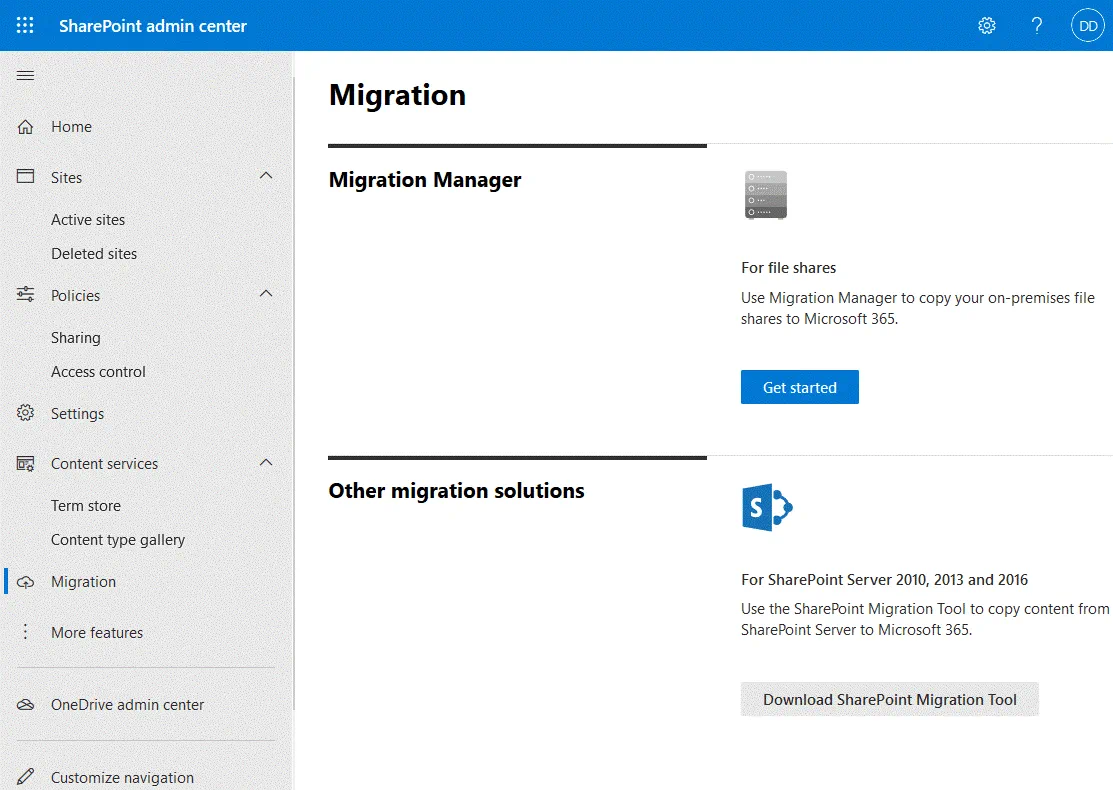 SharePoint migration options in the SharePoint admin center
