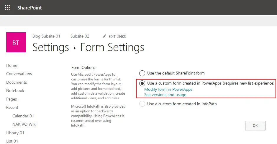 Using a custom form created in PowerApps