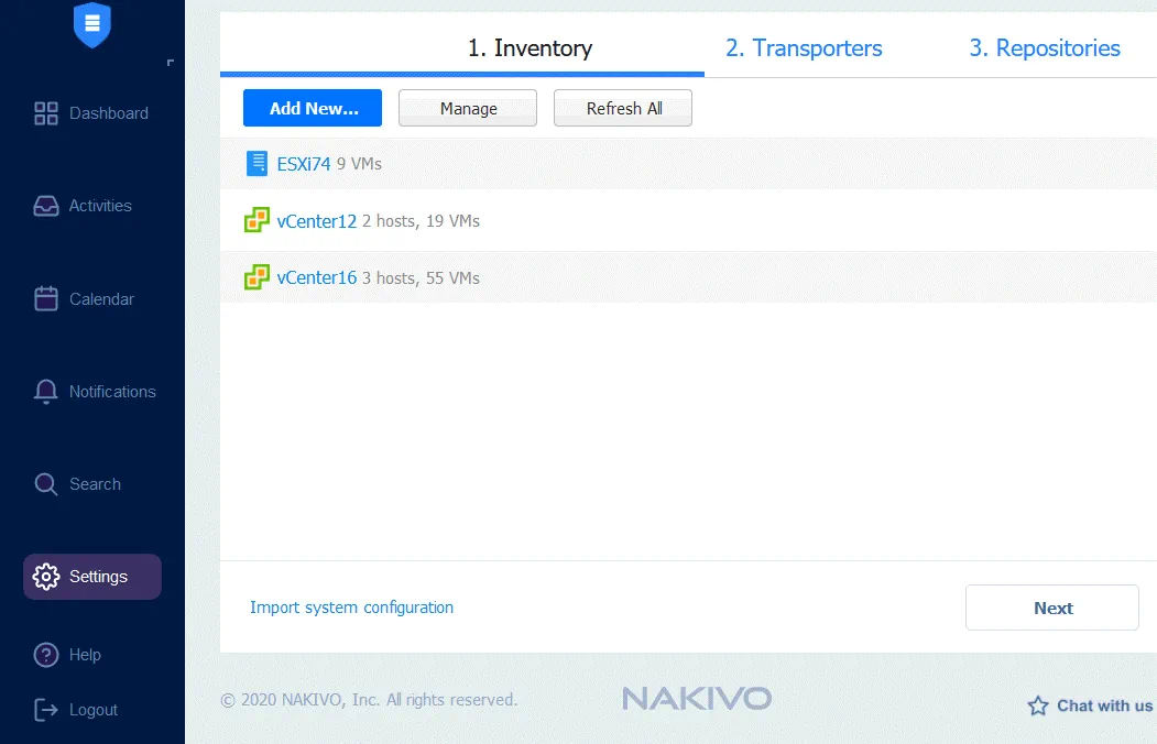VMware vCenter servers and ESXi hosts are added to inventory