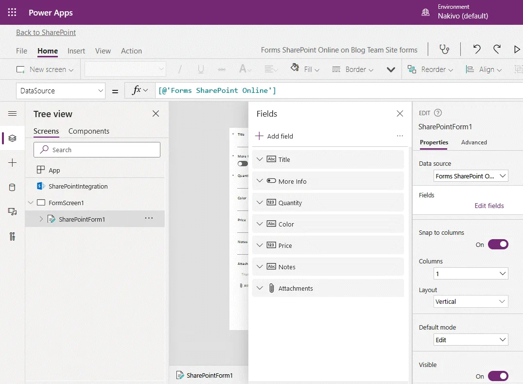 Viewing fields of the SharePoint forms in the web interface of Power Apps