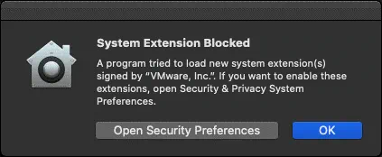 Una extensión del sistema se bloquea por defecto al crear una nueva VM en VMware Fusion