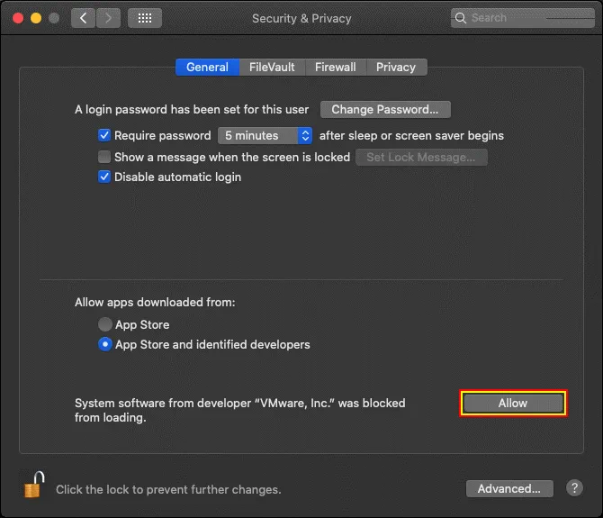 Permitir aplicaciones de VMware en las opciones de seguridad y privacidad de macOS