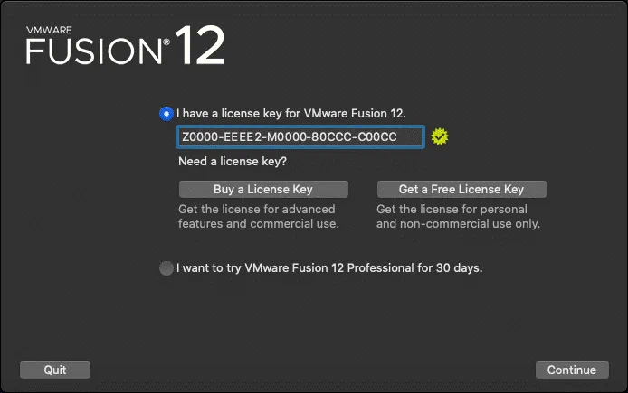 Elección de las opciones de licencia al instalar VMware Fusion en macOS
