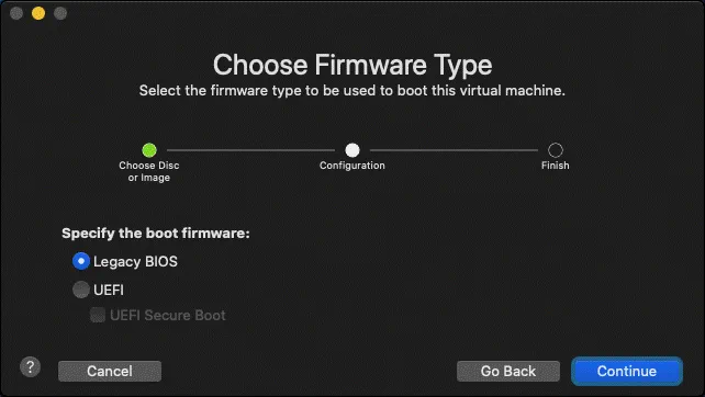 Choosing the firmware type for a new VM in VMware Fusion