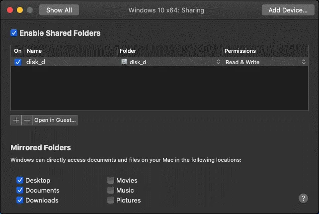 Configuring Shared Folders for a VM in VMware Fusion