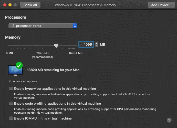 Configuring processor and memory settings for a VM in VMware Fusion