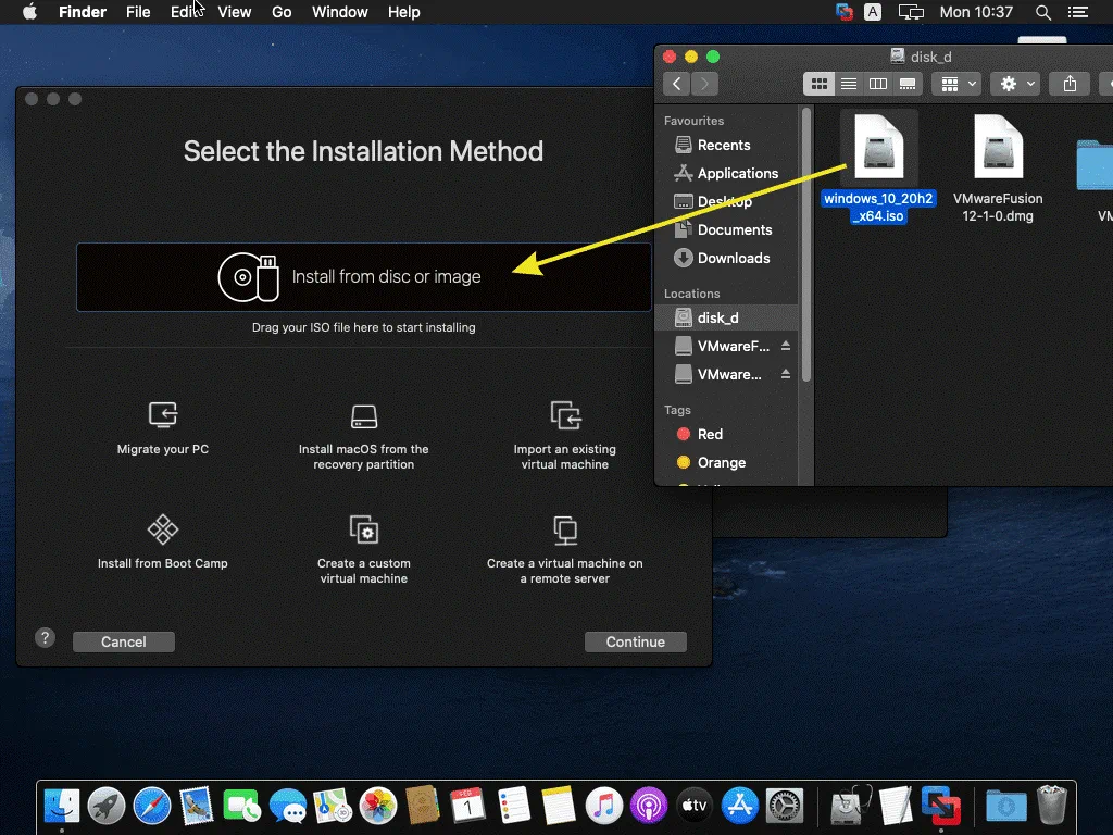 Drag and drop the Windows 10 installation image to the window of VMware Fusion