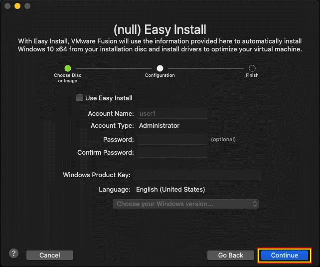Opciones de instalación fácil para implementar una nueva máquina virtual en VMware Fusion