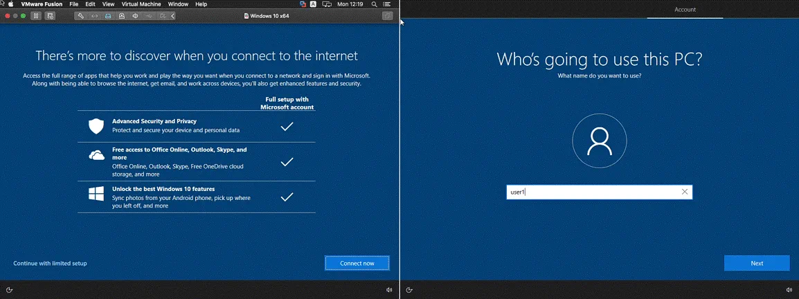 Entering a user name for Windows 10 running as a guest operating system