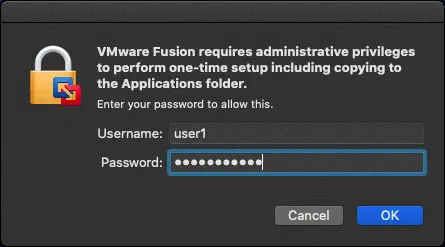 Introducción de las credenciales de usuario de macOS para instalar Fusion