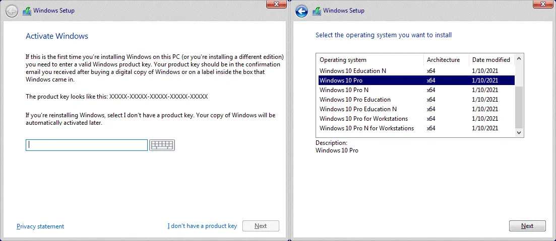 Entering the serial number and selecting the edition of Windows 10