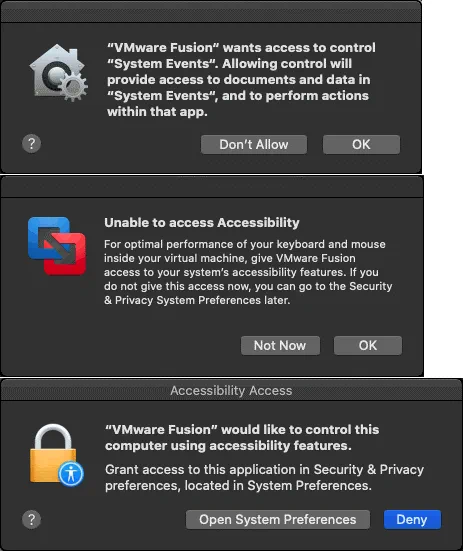 Notificaciones que aparecen al instalar VMware Fusion y requieren configurar los ajustes de seguridad.