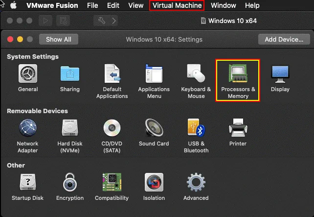 Opening processor and memory settings of a VM in VMware Fusion