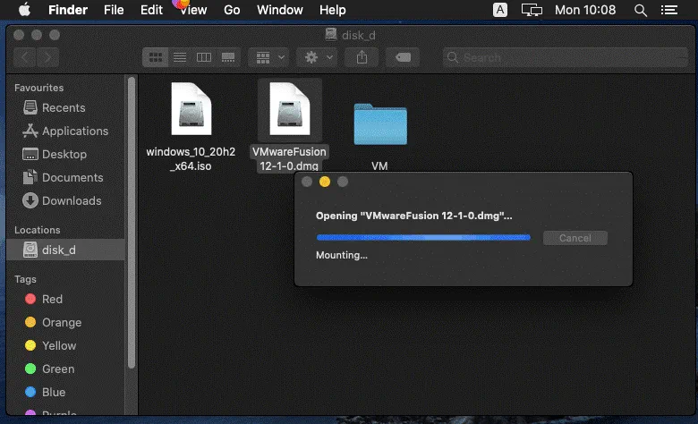 Opening the VMware Fusion installer