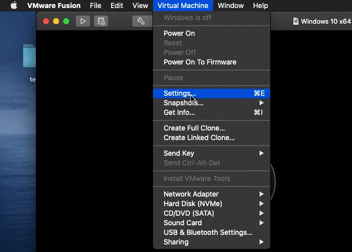 Opening virtual machine settings in VMware Fusion