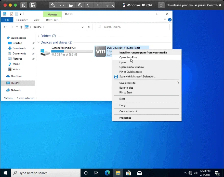 Running the installer of VMware Tools in Windows 10 – a VM guest OS