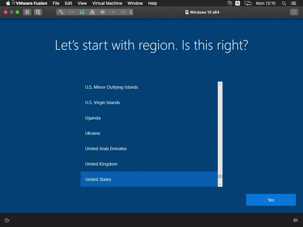 Selecting a region when installing Windows 10 as a VMware guest operating system