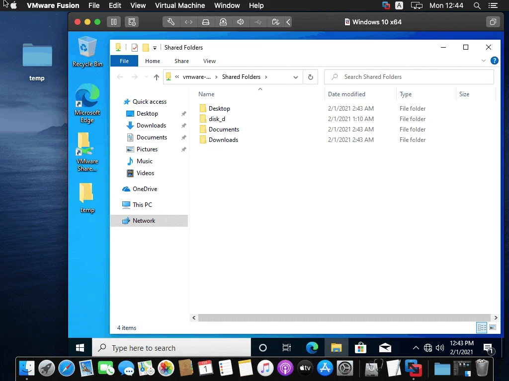 Shared folders are displayed in Windows 10 running as a VM guest OS