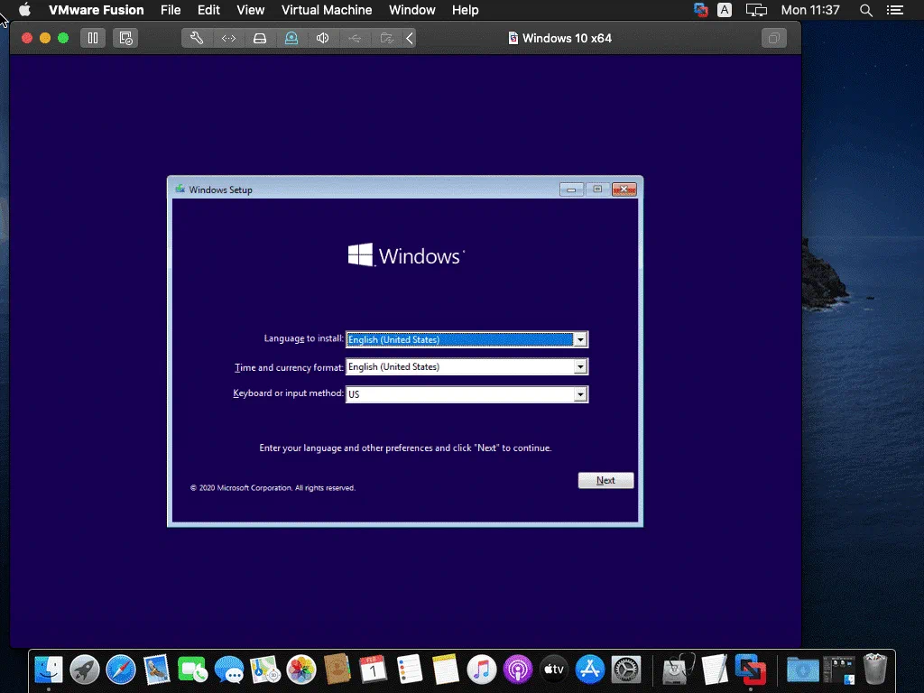 Inicio de la instalación de Windows 10 como sistema operativo invitado VM