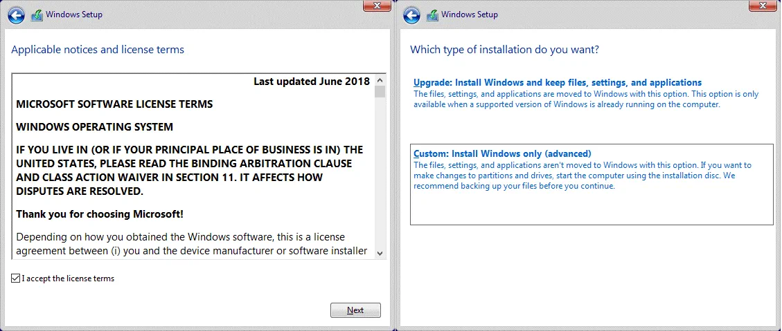The license agreement of Windows 10 and installation type options