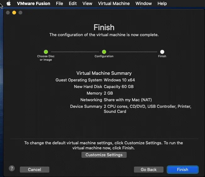 The virtual machine summary is displayed before finishing the new VM creation