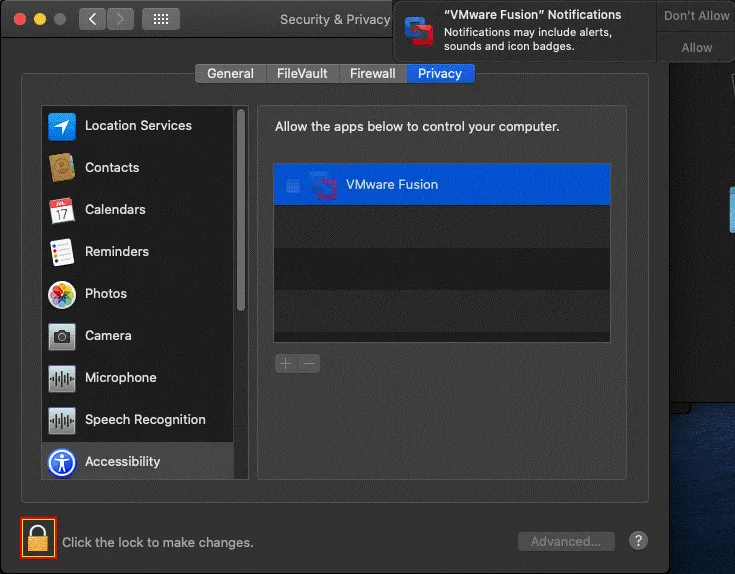 Unlocking accessibility settings in macOS to enable access for VMware Fusion