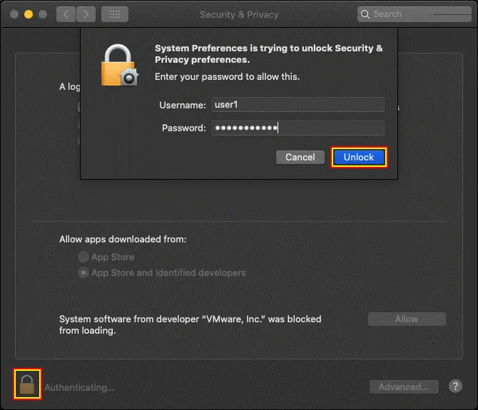 Unlocking security settings and entering user credentials in macOS