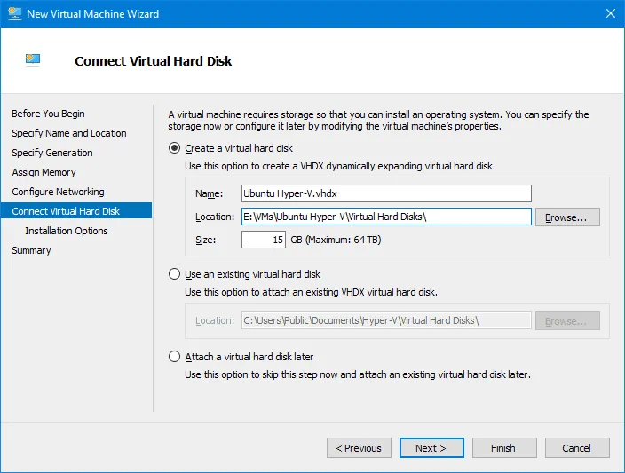 Creating a new virtual disk for the Ubuntu Hyper-V VM