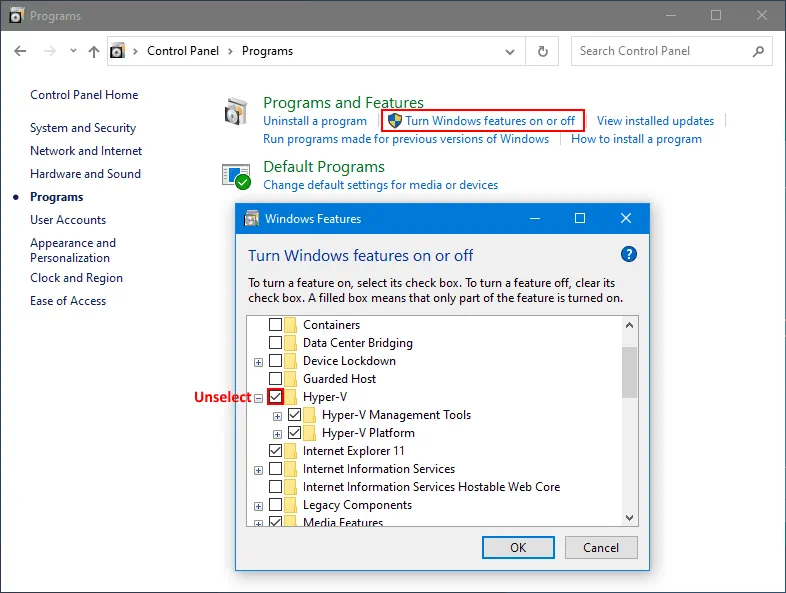 How to uninstall Windows 10 Hyper-V in Control Panel