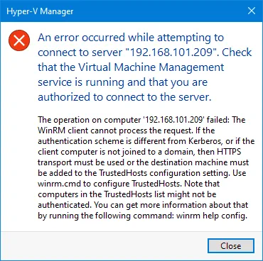 Hyper-V for Windows 10 in Workgroup displays an error