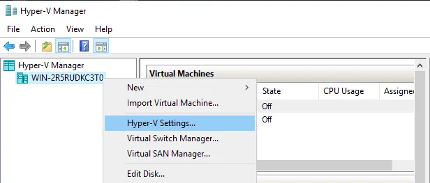 Opening Hyper-V Settings