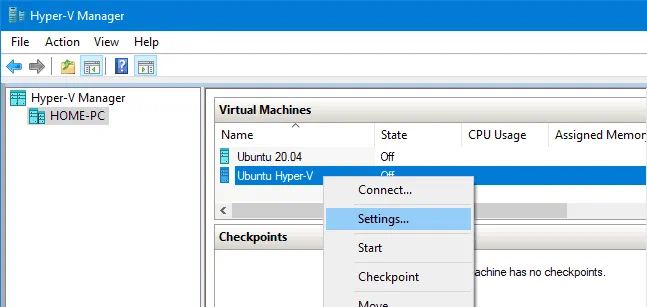 Using Hyper-V Manager Windows 10 – editing the virtual machine settings of the Ubuntu VM