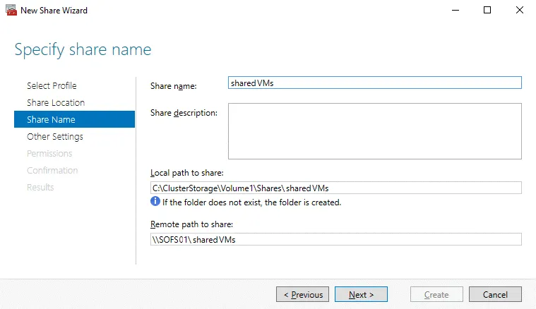 Configuración de un servidor de archivos Windows Scale-Out - introducción de un nombre de recurso compartido de archivos