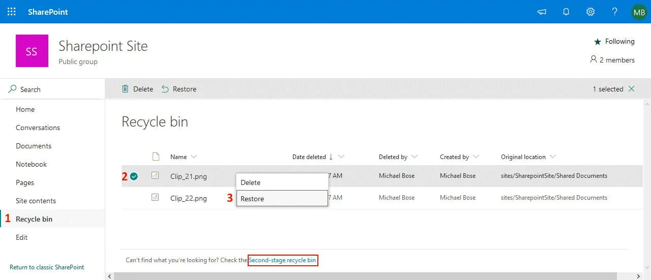 File recovery from the Recycle bin for Office 365 SharePoint