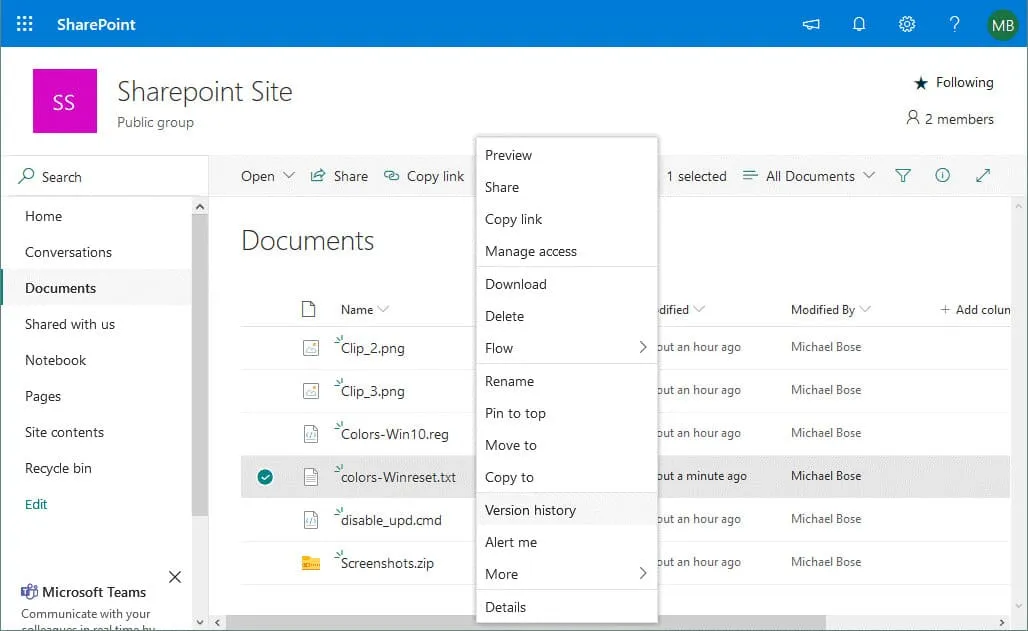 Viewing file version history in Microsoft Office 365 SharePoint