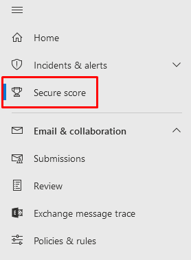 Secure score in the quick launch bar of Microsoft 365 Defender