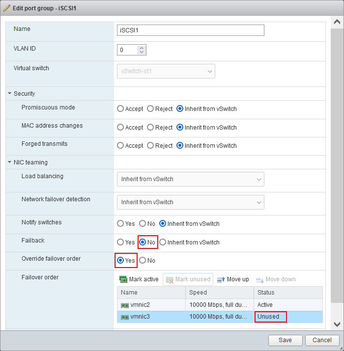 Editing failover settings for a port group