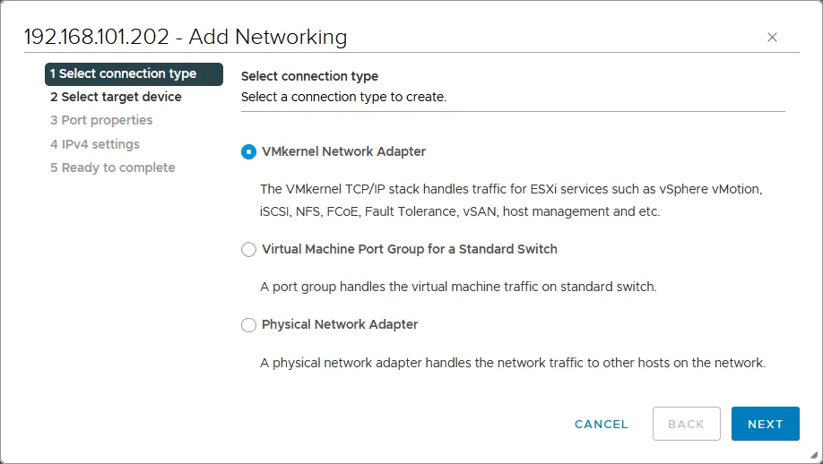How to configure vMotion – creating a VMkernel network adapter