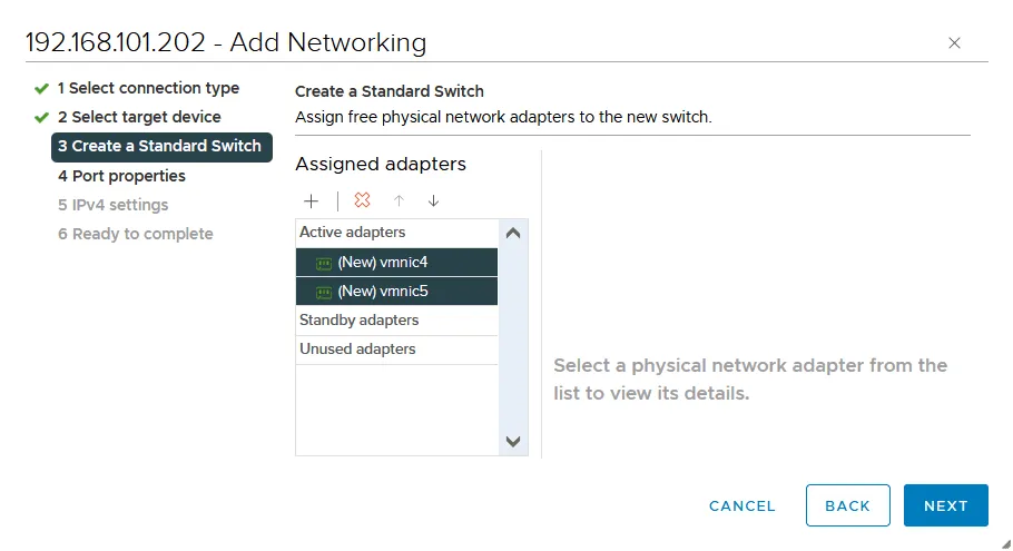 How to configure vMotion – two network adapters are added