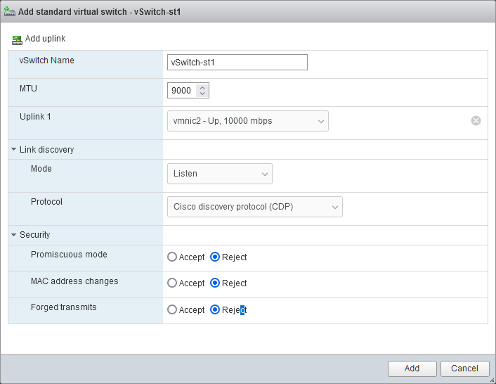 New virtual switch settings for an ESXi storage network