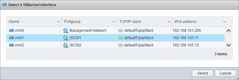 Selecting a VMkernel adapter for connecting the network iSCSI storage
