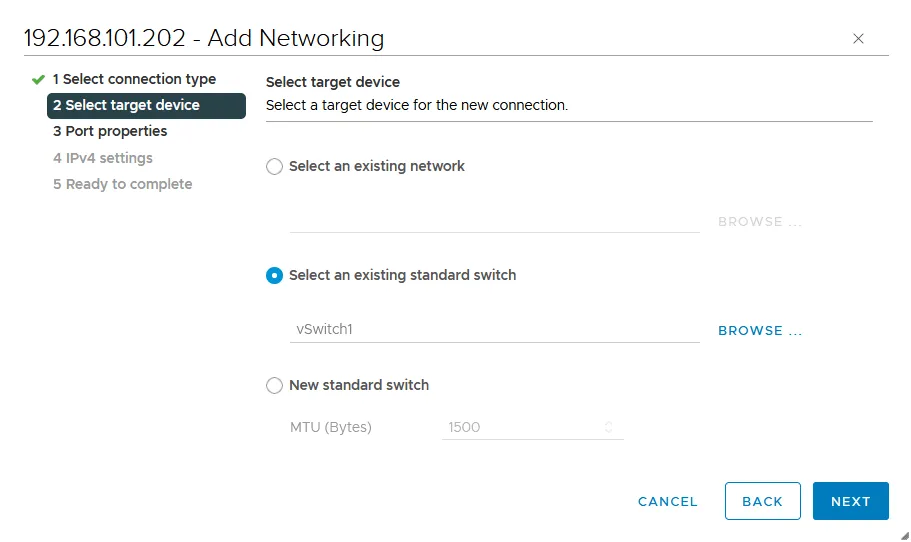 Selecting an existing vSwitch to configure vMotion in the multi-NIC mode