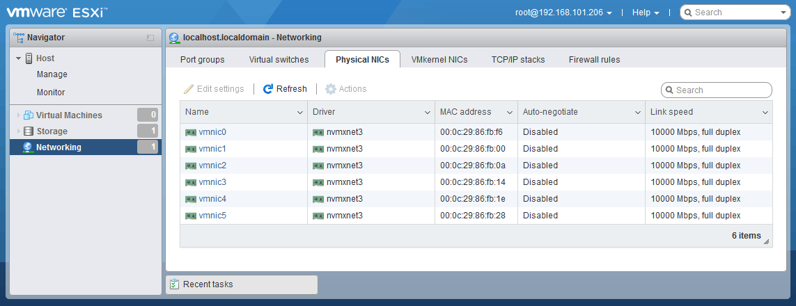Viewing physical NICs on an ESXi host