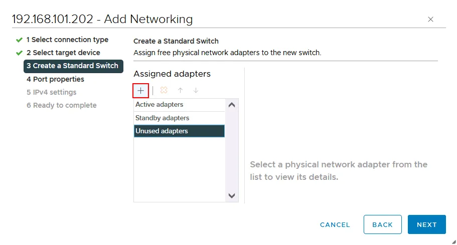 vMotion network configuration - assigning physical network adapters to a vSwitch