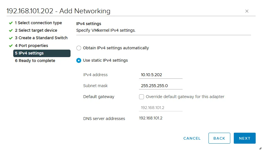 vMotion network configuration – setting an IP address