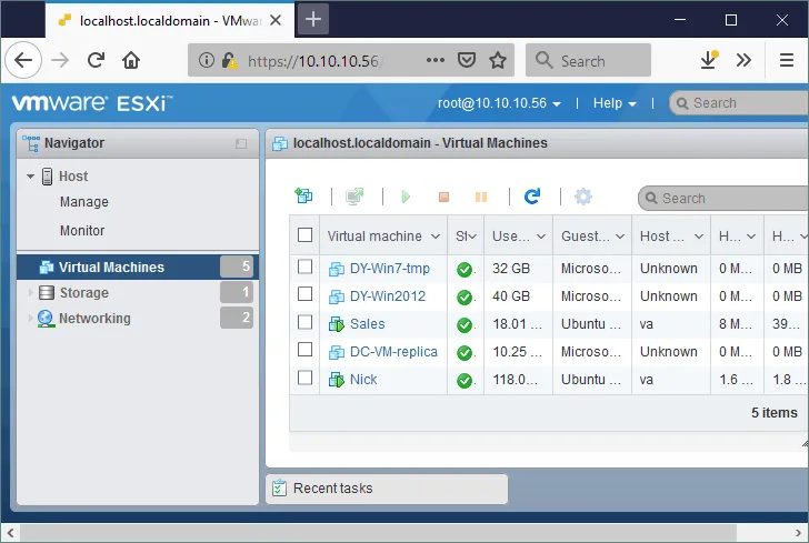 the web interface of VMware Host Client for ESXi management