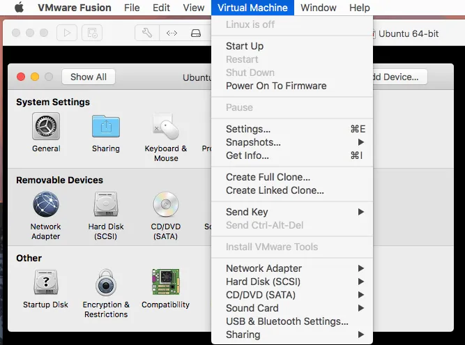 the interface of VMware Fusion