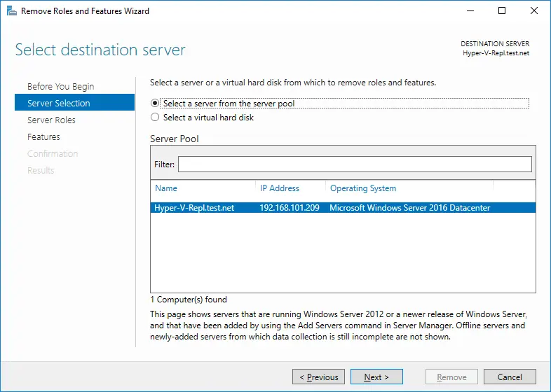 Selecting a server on which you want to uninstall Hyper-V