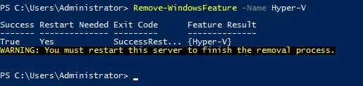 Using PowerShell to uninstall Hyper-V in Windows Server 2016